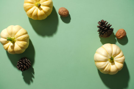 Against the green background, mini pumpkins, dry pine cones and walnuts decorated. Blank space in the middle for design. Top view, minimalist scene for Autumn decorationの写真素材