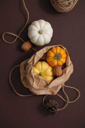 Top view of paper bag containing decorative pumpkins with small rope rolls, dried pine cones and walnuts on a dark brown background. Decorative scene for autumn festivals and happy thanksgiving.の写真素材