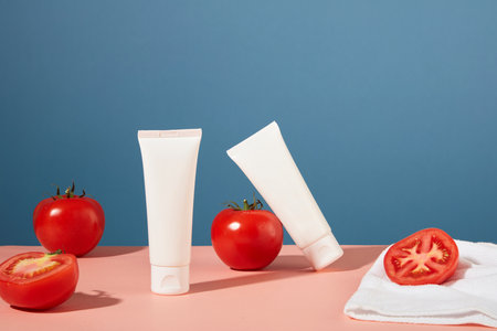 Front view of two unlabeled cosmetic tubes are placed on a pink table with fresh tomatoes. Cosmetic concept with natural ingredients from tomato extract.の写真素材