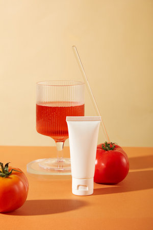 Front view of an unlabeled cosmetic tube and a glass of tomato juice on a beige and orange background. Tomatoes contain vitamin C which is an effective anti-oxidant.の写真素材