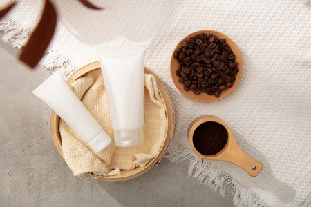 Advertising photo with cosmetic tube mockup decorated with coffee beans, coffee powder and white fabric on cement floor. Beauty product design, skincare and haircareの写真素材