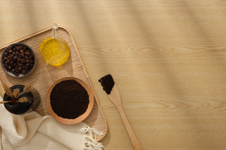 Background for the presentation of products with copy space. Tray of natural ingredient, beans and...