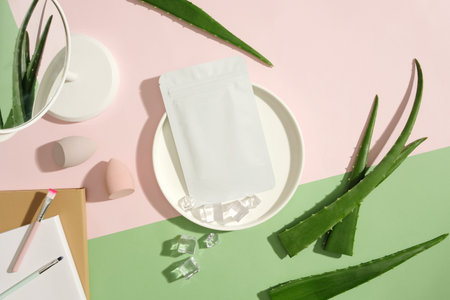 Top view of the unbranded mask placed on a ceramic plate with ice, surrounded by props and fresh aloe vera on a color-coordinated background. Skin care mask from aloe vera extract.の写真素材
