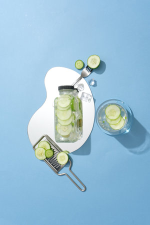 Top view of unbranded water bottle placed on a mirror. A glass filled with cucumber detox water displayed. Cucumber (Cucumis sativus) is one of the natural ingredientsの写真素材