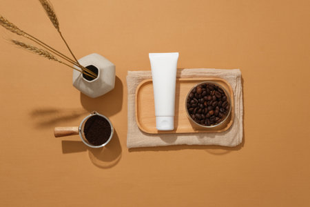Cosmetics tubes mockup for design displayed on wooden tray with bowl of coffee beans with vase on brown background. Top view, mockup scene for advertisingの写真素材