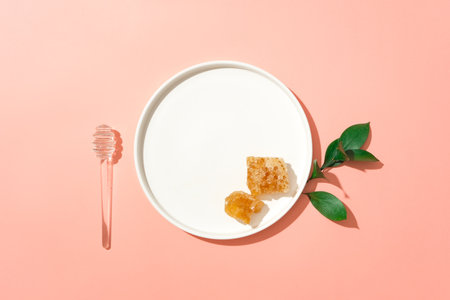 Top view of a ceramic dish with beeswax placed on, decorated with a honey dripping and some leaves. Honey is a natural antiseptic and anti-inflammatoryの写真素材