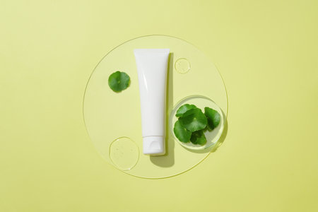 A plastic tube, fresh pennywort leaves and two drops on a round glass platform. Centella helps heal wounds and reduces the appearance of scars. Cosmetic concept.の写真素材