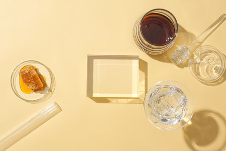 On a pastel background, an empty glass podium sets the stage for product display, featuring stored honey in glassware. Honey accelerates skin cell recovery, addressing a key factor in eczema.の写真素材