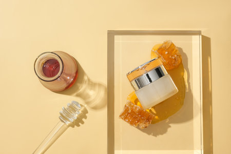 A cosmetic jar with a luxurious design is placed on a glass podium. Honey is stored in a glass jar and a honey drizzle on beige background. Cosmetic concept.の写真素材
