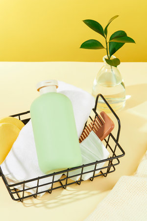 An unlabeled cosmetic bottle, a comb and a towel in a wire basket. A green leaf branch is placed in a glass vase on a pastel background. Simulate bathroom space.の写真素材