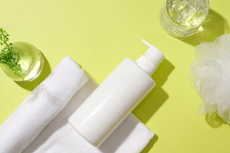 A bottle of unbranded shower gel is placed on top of a towel, a glass of water, a glass vase and a bath sponge. Cosmetic mockup for advertising. Convenient bathroom amenities.の写真素材