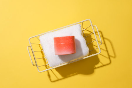 Close-up of a cosmetic jar lying on a towel rolled up in an iron mesh basket. Bright yellow background. Cosmetic mockup for advertising. Blank label for lettering design.の写真素材
