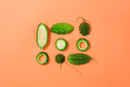Bitter melon displayed on a red background. Thanks to its mild antibacterial properties, bitter melon can prevent bacterial penetration and attack on the skin.の写真素材