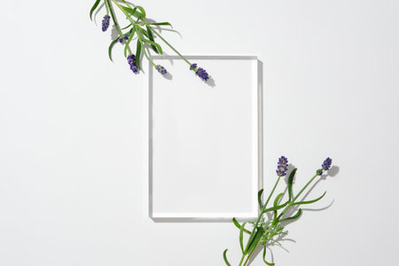A glass podium is placed in the center of the frame decorated with lavender flowers. Empty podium for product display. The sophisticated space is suitable for cosmetic advertising.の写真素材