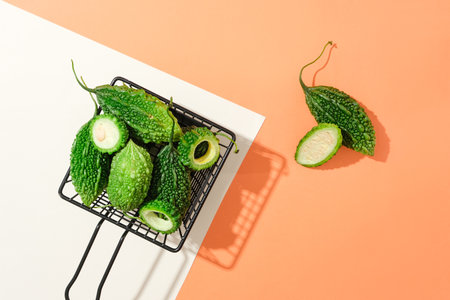 Bitter melon is stored in an iron mesh basket on an orange-white background. Bitter melon increases...
