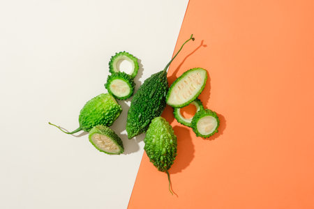 Fresh bitter melon stands out on a red and white background. One of the outstanding effects of bitter melon on the skin is treating melasma and freckles.の写真素材