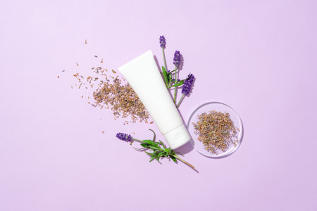 A tube of unbranded cosmetics is displayed with fresh and dried lavender flowers on a pastel purple background. Lavender is effective in healing skin wounds.の写真素材