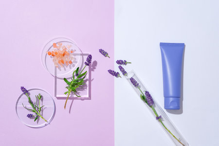 The background is divided into two colors: pastel purple and light blue. A tube of cosmetics, Himalayan pink salt, fresh lavender flowers and glassware are displayed.の写真素材