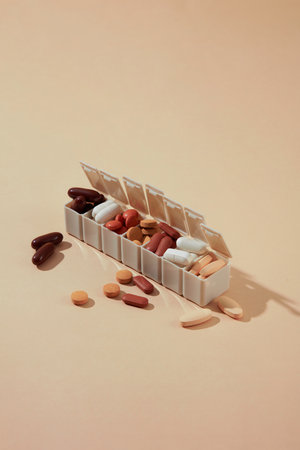 A daily pill box filled with capsules and tablets in different colors and shapes on a pastel...