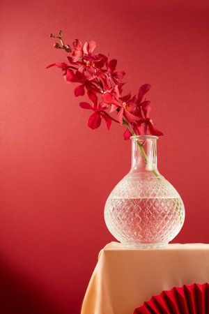 A red orchid branch is placed in a transparent glass vase on a red background. Adorn the space with vibrant flowers. Tet theme for advertising.の写真素材