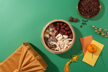 In a Tet gift-giving scene, a central gift box, trays of melon seeds and jam, and a lucky money envelope rest on a green background, observed from a top-view perspective.の写真素材