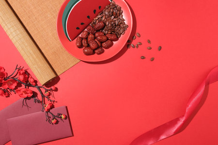 Watermelon, melon seeds and jujube on a ceramic plate, a peach blossom branch, a bamboo curtain and two lucky money envelopes are displayed on a red background. Empty space for text design.の写真素材