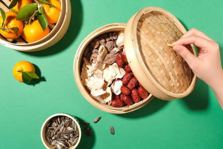 Bamboo steamer baskets hold tangerines, jams, jujubes, and salted dried fruit on a Tet-themed tea table. A perfect flat lay setting with ample copy space for advertising.の写真素材