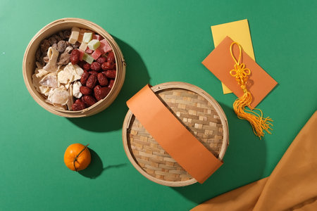 Jam, salted dried fruit, jujube, gummy candy are contained in a bamboo steamer, tangerine and red envelopes on a green background. Tet scene for advertising.の写真素材