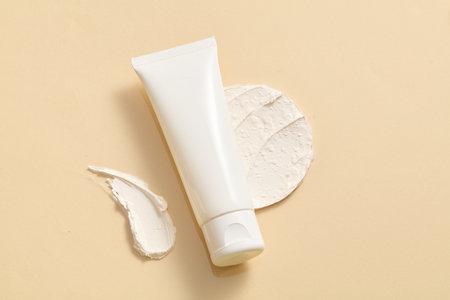 White exfoliation cream smear smudge sample decorated on beige background. A white cosmetic tube...