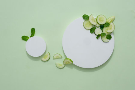 Empty cylindrical platform for cosmetics with cucumber ingredient. Mockup with concrete circle...