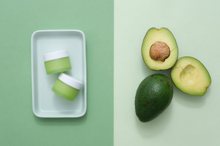 Minimal scene with avocado ingredient and cosmetic jar unbranded for advertising. Top view of a halves of avocado on light green background and cream jars on plate on dark green backgroundの写真素材