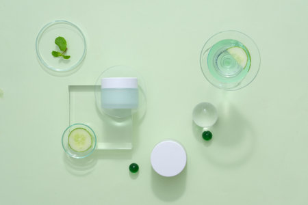 Pastel green background with cosmetic mockup jar decorated with slices cucumber and glassware. Top...