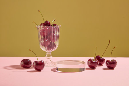 Background for the presentation of cosmetic products with ingredient from cherry. A transparent podium with ripe cherries and glass cup decorated on brown and pink backgroundの写真素材