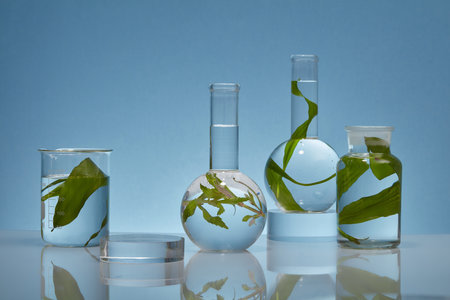 Against a backlit blue background, glass experimental flasks containing fresh seaweed leaves are decorated with transparent platforms. Space for presentation product with seaweed ingredientの写真素材