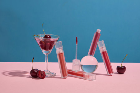 Concept for advertising lipstick with cherry concept. Lipsticks mockup decorated with cherries and...