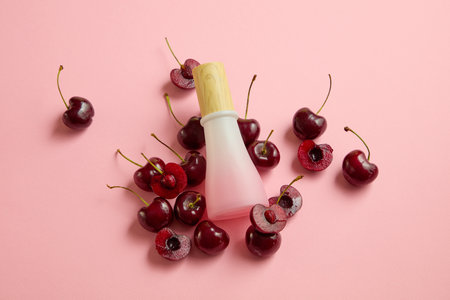 A pink glass bottle unlabeled with wooden cap placed on a lot of ripe cherries on a cute pink background. Advertising photo for product with ingredient from cherryの写真素材