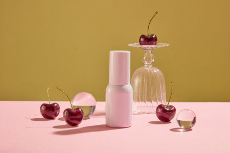 cosmetic bottle unbranded on a color background with fresh ripe cherries. Advertising photo and space for design. Cherry is a fruit with a sweet taste, rich in nutrients, and is loved by many peopleの写真素材