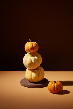 Some fresh pumpkins stacked on each other against the dark background. Thanksgiving vibe. Thanksgiving is a traditional holiday of America and Canadaの写真素材