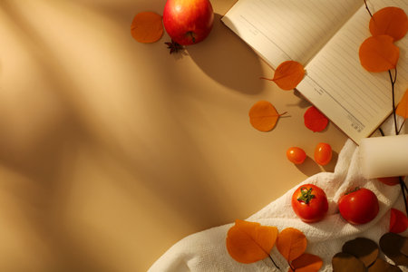 Thanksgiving concept with small and large tomatoes displayed with an apple. Mockup on notebook. Copy space for text addingの写真素材