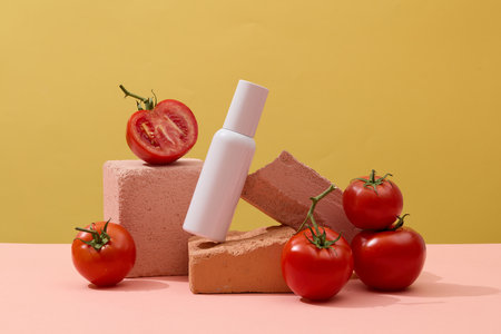 A skin care bottle with empty label arranged on several stones with red tomatoes. Yellow background. Tomatoes are low in calories and full of vital nutrientsの写真素材