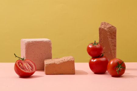 Few stones displayed as podiums to show your product that extracted from Tomato (Solanum lycopersicum). Minimal podium display for cosmetic product presentationの写真素材