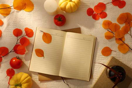 A notebook decorated with many orange leaves, tomatoes and pumpkins. Mockup design. Thanksgiving concept photographyの写真素材
