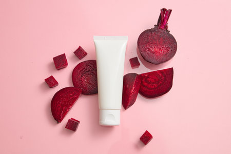 Scene for advertising and branding cosmetic with beetroot ingredient. An empty white plastic tube on...