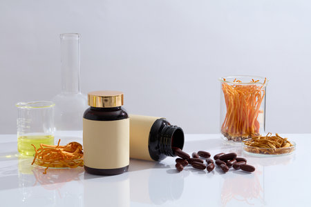 Two medicine bottle unbranded with capsules decorated with glassware containing cordyceps and yellow liquid on white background. Scene for advertising product. Space for designの写真素材