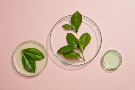 Top view of fresh green tea leaves on petri dish decorated on a pink background. Green tea has been used for medicinal purposes in some parts of the world for thousands of years. Advertising photoの写真素材