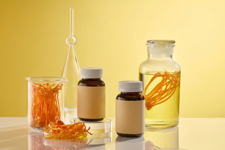 Scenes for advertising drugs or supplements with ingredients from cordyceps. Two bottles unbranded displayed on yellow background with cordyceps and glasswareの写真素材