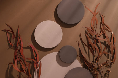 Flat lay of several round-shaped podiums over brown surface with leaves. Autumn is the most...