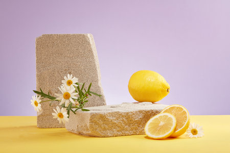 Scene for advertising cosmetic of lemon extract with space on stone podium, lemon and flower on...