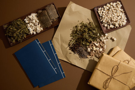 A paper and two wooden plates featured Dried mint leaves, Poria cocos and Eucommia bark. Traditional...