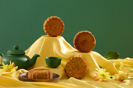 Round-shaped mooncakes placed on yellow fabric with a tea set in green color. Delicious Chinese...